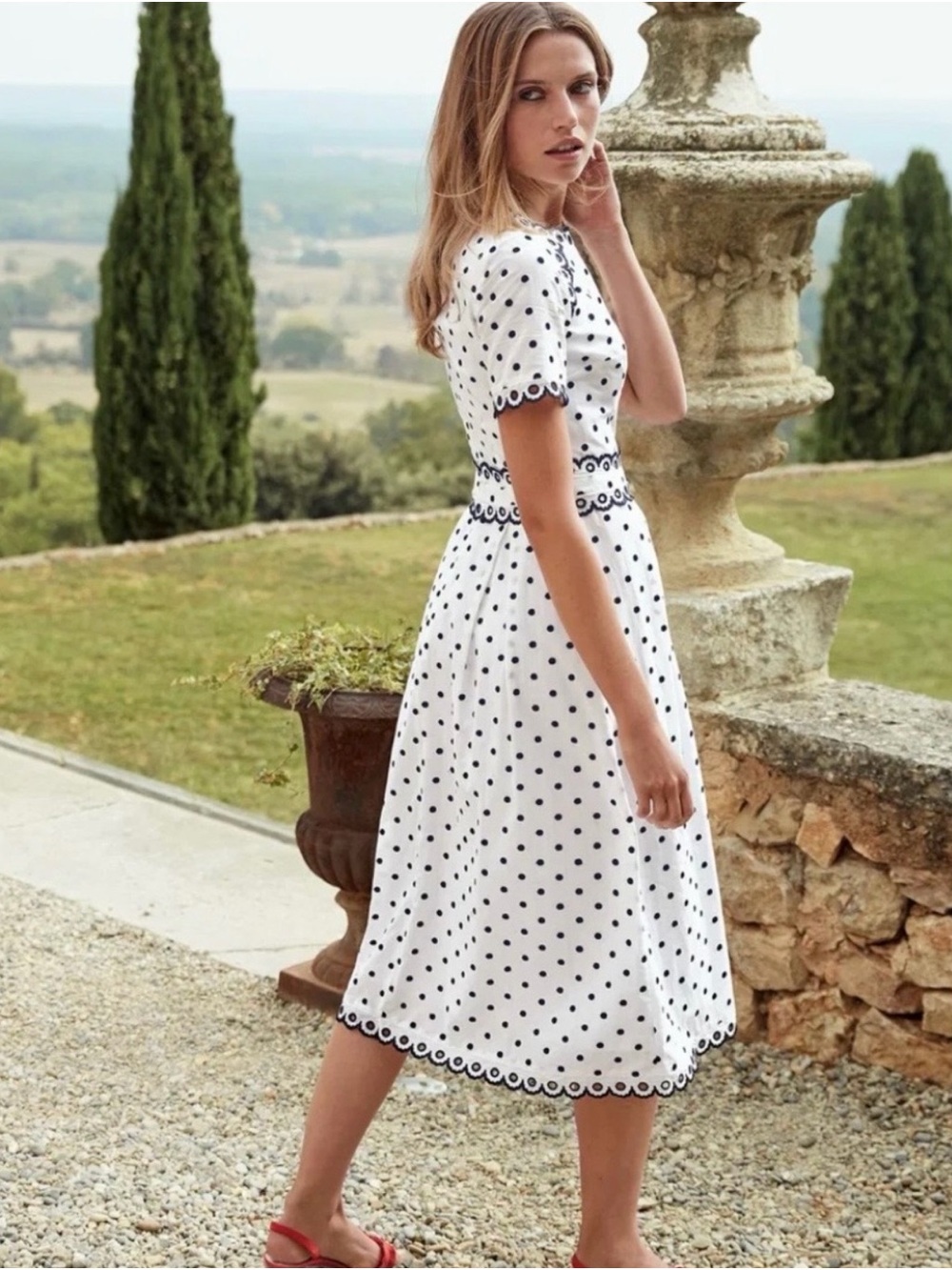 BODEN Kimberly Embroidered White with Navy Polka Dots Dress UK 10R / US 6R - Picture 2 of 13